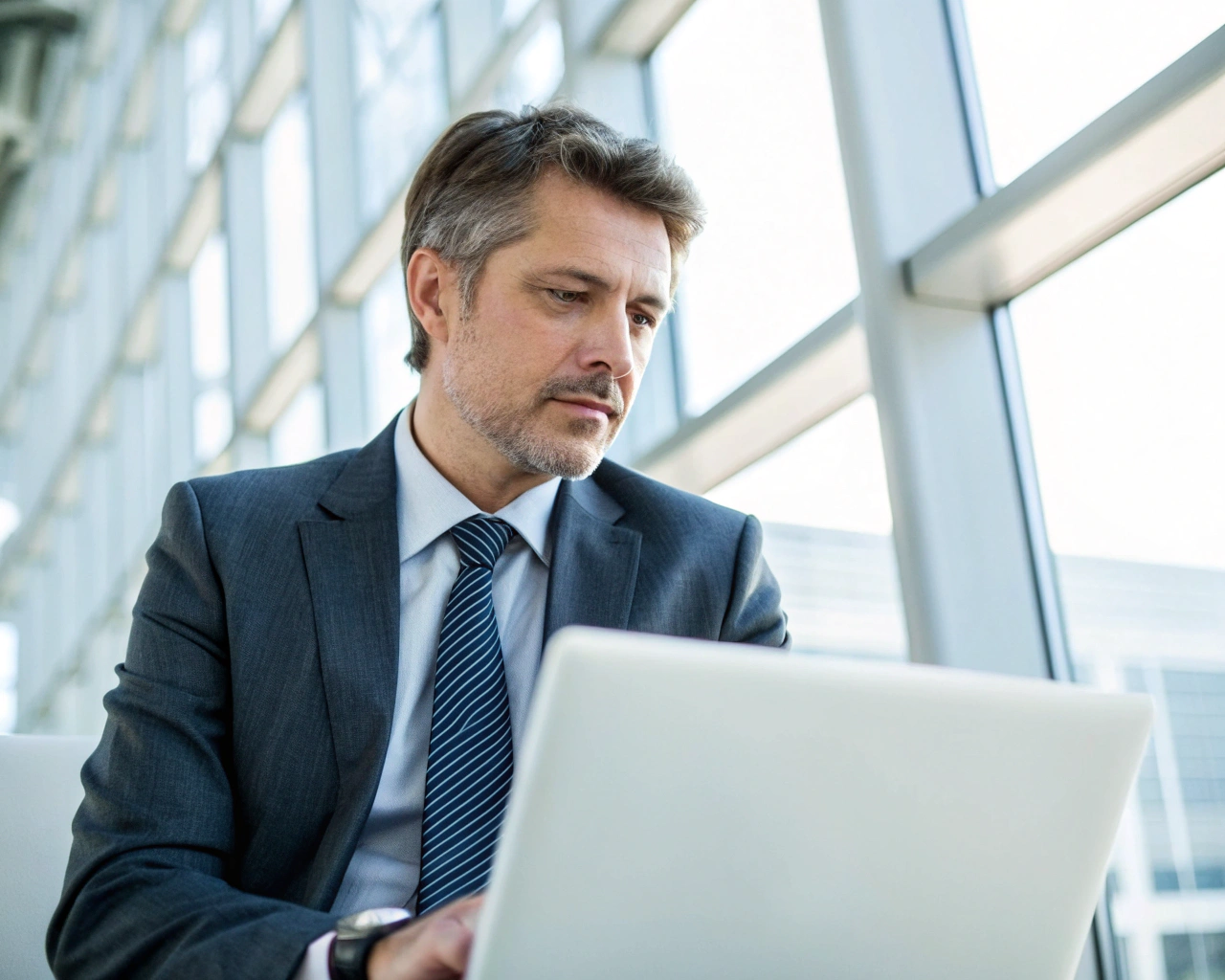 Confident businessman in a suit working on a laptop in a bright modern office, symbolizing financial analysis and investment strategy related to healthcare REITs and portfolio stability.